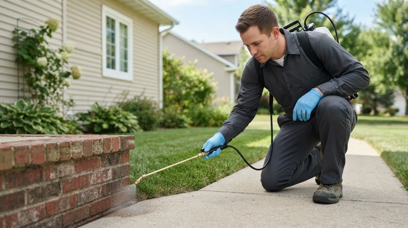 Pest control technician treating a home near Holly, CO