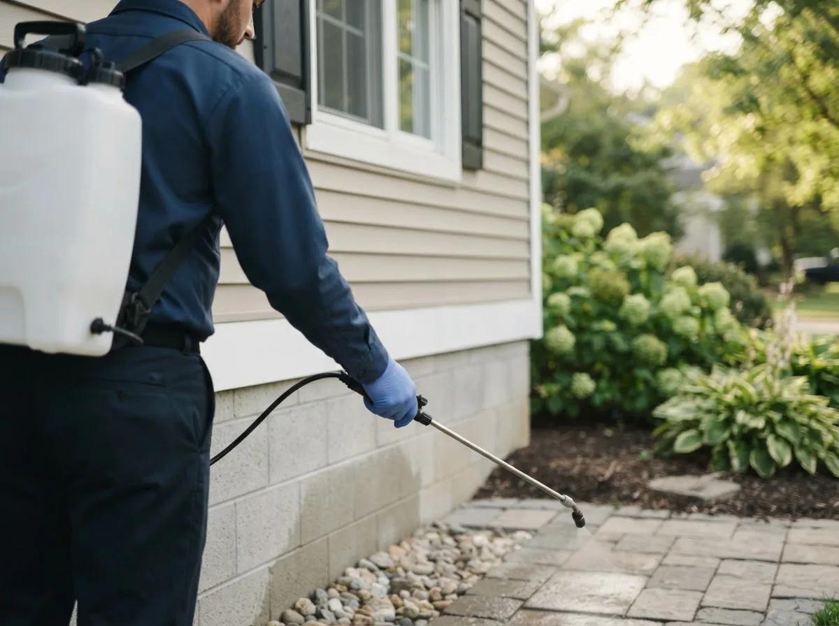 Pest control technician inspecting a home in Holly, CO